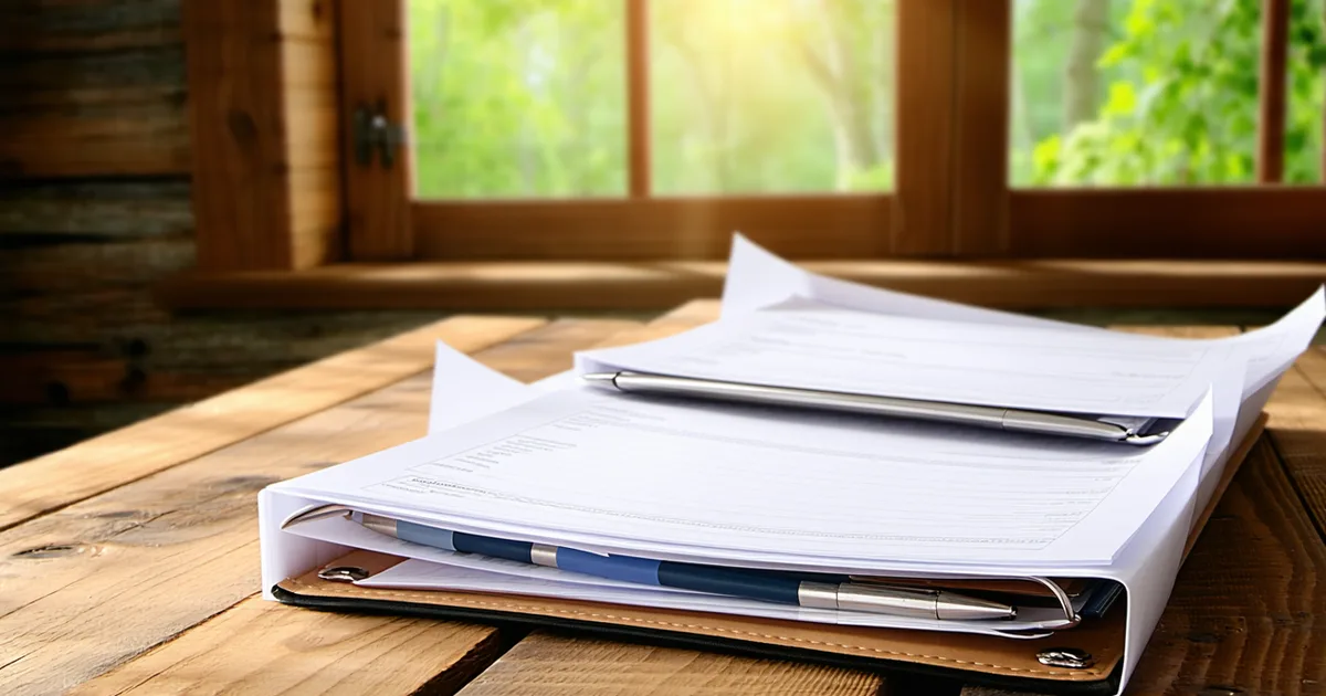 Compliance documents and checklist binder on a farm office table