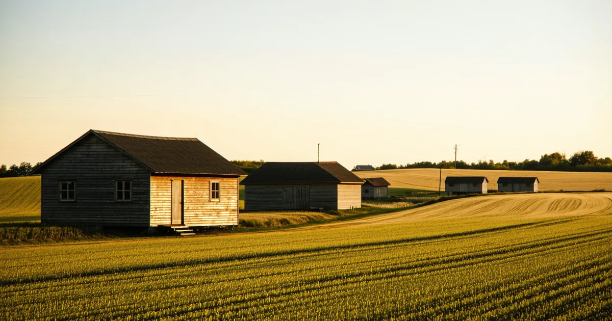 Agricultural worker housing cabins on a farm property at dusk