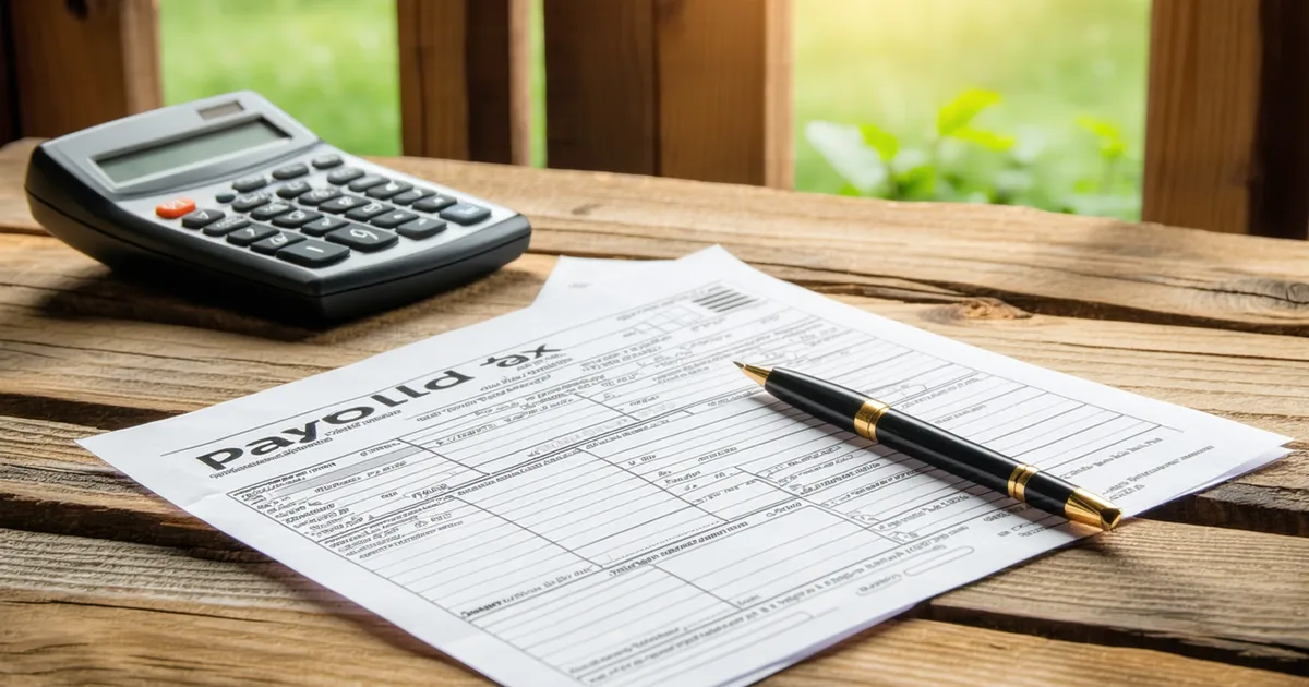 Payroll paperwork and tax forms on a farm office desk