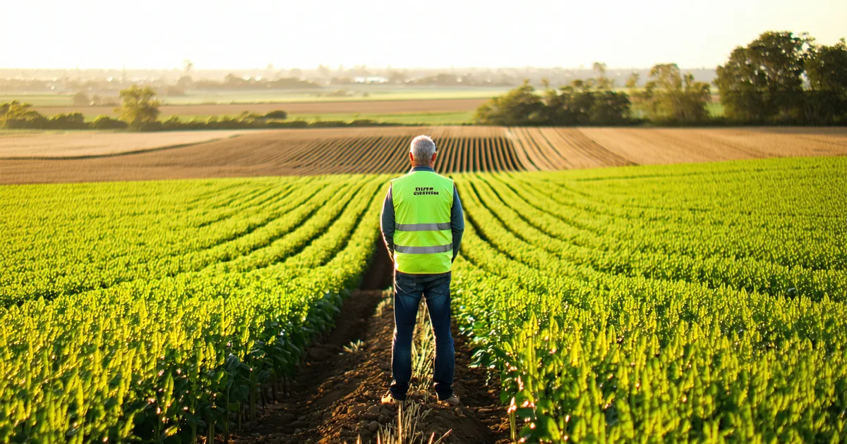 Farm operator looking over crop rows in the early morning planning the harvest season