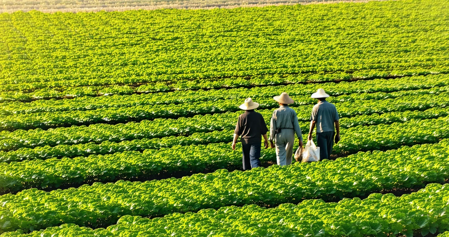 Farm workers moving through rows of vegetable crops at golden hour, warm harvest light