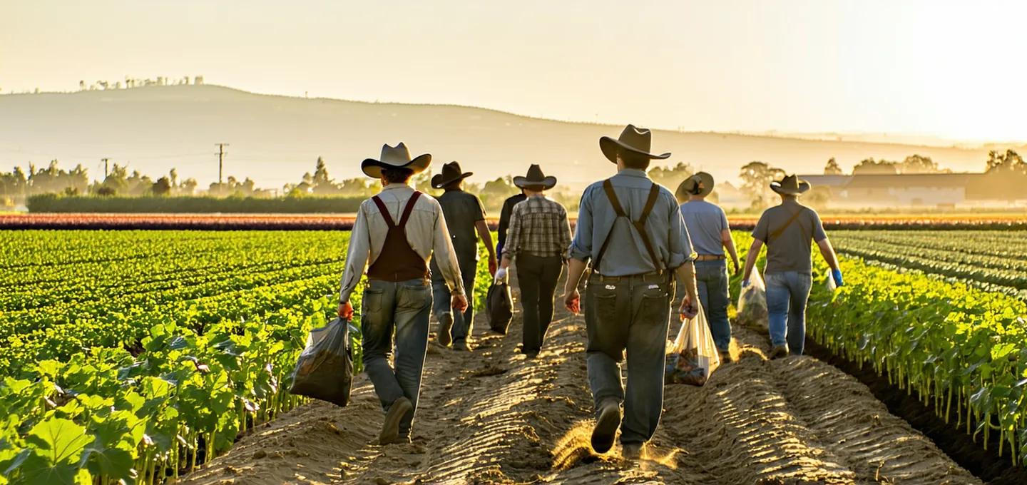 Seasonal agricultural workers arriving at a farm in the morning, organized groups ready for work