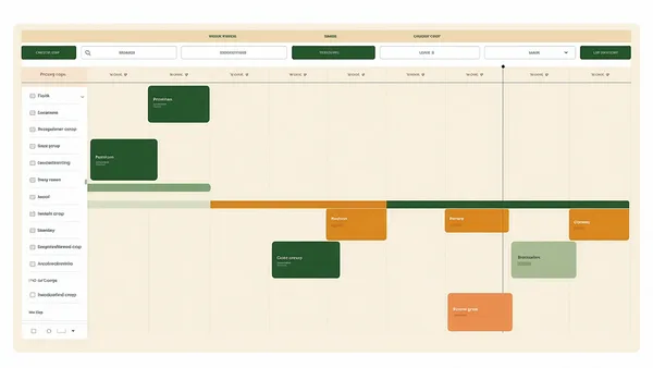 Seasonal crop calendar scheduling interface with color-coded planting and harvest blocks
